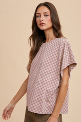 Annie Wear Checkered Round Neck Short Sleeve T-Shirt Dusty Pink OutfitFlow