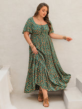 Plus Size Printed Short Sleeve Tiered Maxi Dress Dark Green OutfitFlow