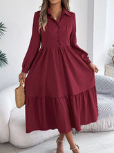 Long Sleeve Tiered Button Front Midi Dress Burgundy OutfitFlow