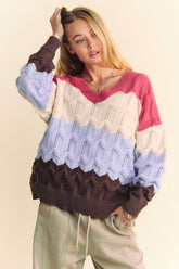 Davi & Dani Wavy Texture Color Block V-Neck Sweater mauve light blue OutfitFlow