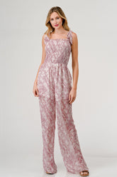 GeeGee Printed Tie Shoulder Wide Leg Jumpsuit Mauve OutfitFlow