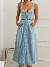 Sweetheart Neck Button-Front Midi Denim Dress Blue OutfitFlow