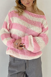 Contrast Striped Boat Neck Long Sleeve Sweater Blush Pink OutfitFlow