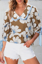 Floral Print Striped Tie Sleeve Blouse Camel OutfitFlow