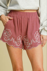 Umgee Full Size Linen Blend Shorts with Floral Embroidered Details Plus Size Dusty Pink OutfitFlow