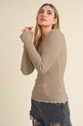 Aemi + Co Lettuce Hem Scoop Neck Long Sleeve Knit Top Khaki OutfitFlow