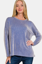 Zenana Ribbed Striped Long Sleeve T-Shirt Bright Blue OutfitFlow