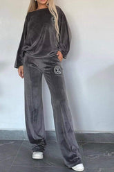 Full Size Boat Neck Long Sleeve Top and Pants Set Dark Gray OutfitFlow
