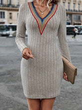 Contrast Detail V-Neck Long Sleeve Dress Light Gray OutfitFlow