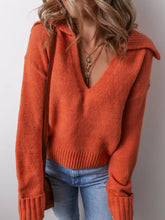 Collared V Neck Ribbed Edge Sweater Orange OutfitFlow