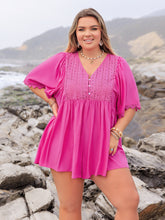 Plus Size Lace Detail V-Neck Half Sleeve Romper Hot Pink OutfitFlow