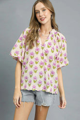 Umgee Floral Print Puff Sleeve Blouse Pink Purple OutfitFlow