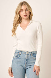 Mittoshop Polo Long Sleeve Ribbed Knit Top Ivory OutfitFlow