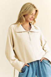 Davi & Dani Drawstring Hem Half Zip Raglan Sleeve Sweatshirt Ivory OutfitFlow
