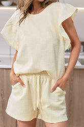 Ruffled Round Neck Top and Drawstring Shorts Set Ivory OutfitFlow