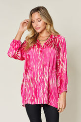 Double Take Full Size Printed Button Up Long Sleeve Shirt Hot Pink OutfitFlow