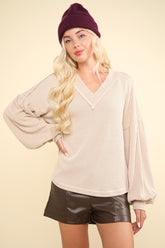 VERY J Two Tone Ribbed V-Neck Exposed Seam Top Oatmeal OutfitFlow