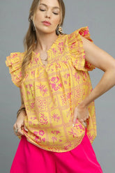 Umgee Printed Ruffle Cap Sleeve Blouse Sherbet OutfitFlow