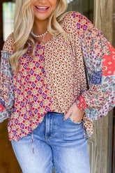 Printed Tie Neck Long Sleeve Blouse Floral OutfitFlow