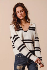 SO ME Fuzzy Hairy Stripe Deep U Neck Sweater IVORY BLACK OutfitFlow