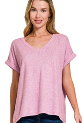 Zenana Soft Melange Hacci V-neck Tee BRIGHT MAUVE OutfitFlow
