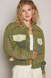 POL Embroidered Sleeve Raw Edge Quilted Jacket Basil Multi OutfitFlow