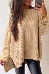Side Slit Round Neck Long Sleeve Sweater Tan OutfitFlow