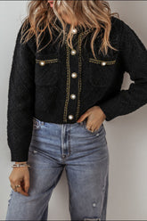 Round Neck Button Up Long Sleeve Cardigan Black OutfitFlow