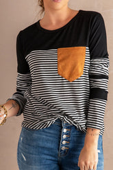 Striped Round Neck Long Sleeve T-Shirt Black OutfitFlow