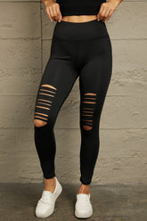 Double Take Wide Waistband Distressed Slim Fit Leggings Black OutfitFlow