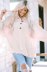 Collared Neck Half Button Long Sleeve Blouse Tan OutfitFlow