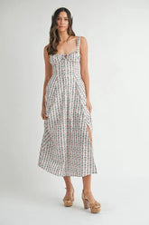 MABLE Floral Print Bustier Back Lace Up Midi Dress CREAM OutfitFlow