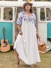 Plus Size Printed Tie Neck Half Sleeve Maxi Dress White OutfitFlow