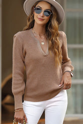 Notched Long Sleeve Sweater Camel OutfitFlow