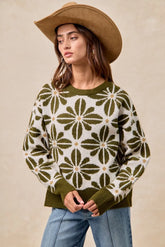 BiBi Flower Pattern Long Sleeve Sweater OLIVE IVORY OutfitFlow