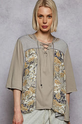 POL Lace-Up Hooded T-Shirt with Paisley Panel Detail Olive OutfitFlow