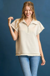 Umgee Frill Hem Half-Zip Collared Blouse Cream OutfitFlow