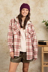 Drawstring Plaid Long Sleeve Hooded Jacket Dusty Pink OutfitFlow