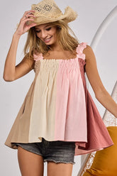 BiBi Frill Shoulder Strap Color Block Bodice Top TAUPE PINK MARSALA OutfitFlow