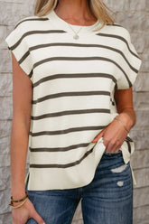 Stripe Side Slits Crewneck Sweater Vest Stripe OutfitFlow