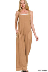Zenana Knit Waffle Wide Leg Overalls DEEP CAMEL OutfitFlow