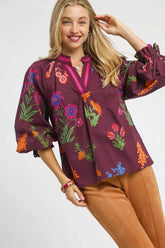 Umgee Floral Print Flounce Sleeve Blouse BURGUNDY MIX OutfitFlow