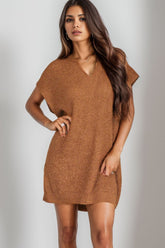Notched Cap Sleeve Mini Sweater Dress Caramel OutfitFlow