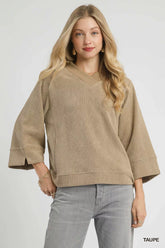 Umgee Textured Knit V-Neck Top Taupe OutfitFlow