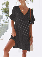 Polka Dot V-Neck Short Sleeve Mini Dress Black OutfitFlow