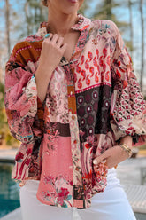 Patchwork Printed Notched Flounce Sleeve Shirt Floral OutfitFlow