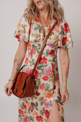 Floral Short Sleeve Tie Back Slit Dress Floral OutfitFlow