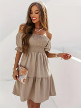Full Size Ruffled Off-Shoulder Short Sleeve Dress Khaki OutfitFlow
