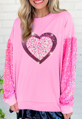 Valentine’s Day Sequin Heart Long Sleeve Sweatshirt Pink OutfitFlow
