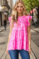 Heimish Full Size Tiered Leopard Round Neck Blouse with Ruffled Detail Plus Size Fuchsia Animal OutfitFlow